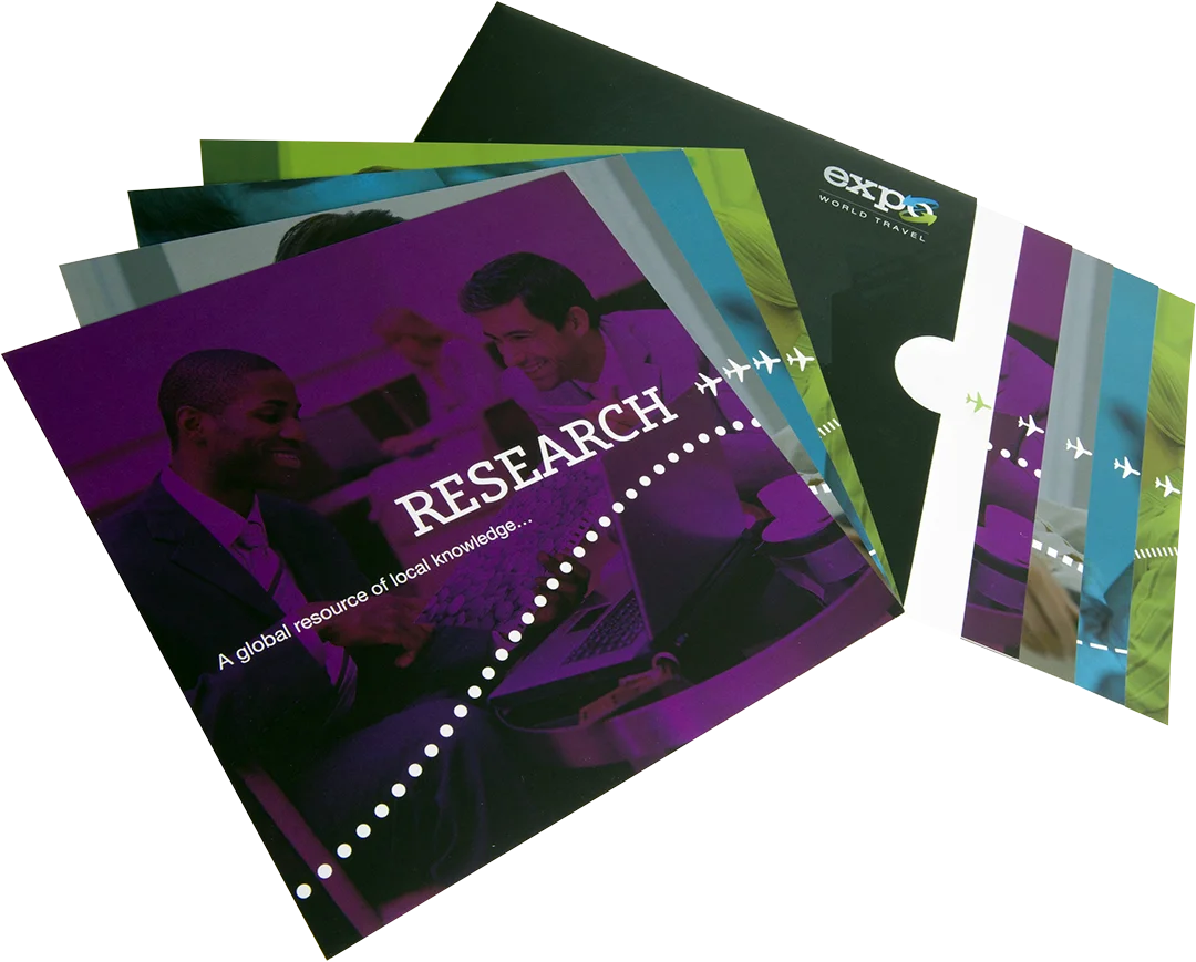 Slip case brochure design for expo world travel: specialist provider of co-ordinated travel services for businesses attending exhibitions, trade fairs, conferences, meetings and incentives worldwide.