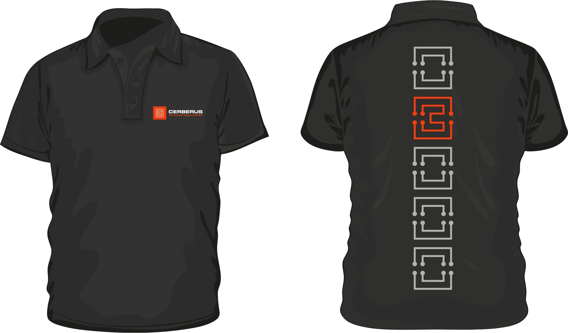Black branded polo shirts with orange logo for surrey based electrical engineering systems design company cerberus