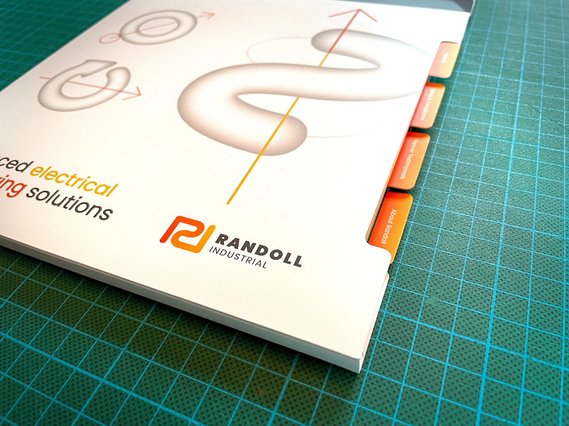 White brochure design with tabbed inserts for electrical engineers randoll industrial