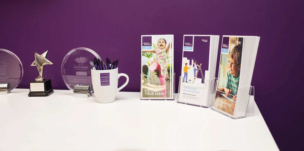 3x leaflet designs for surveys, lease extensions and a branded mug next to property awards.