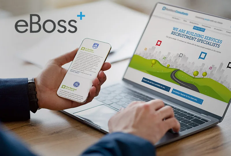 Laptop showing recruitment website design and eboss integration logo