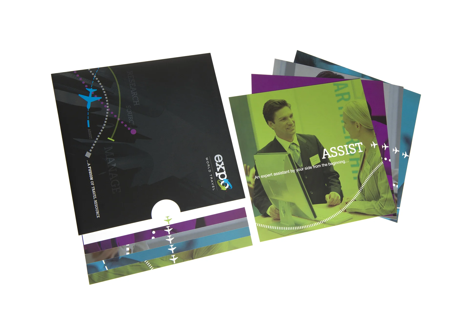 Brochure design for expo world travel: specialist provider of co-ordinated travel services for businesses attending exhibitions, trade fairs, conferences, meetings and incentives worldwide.