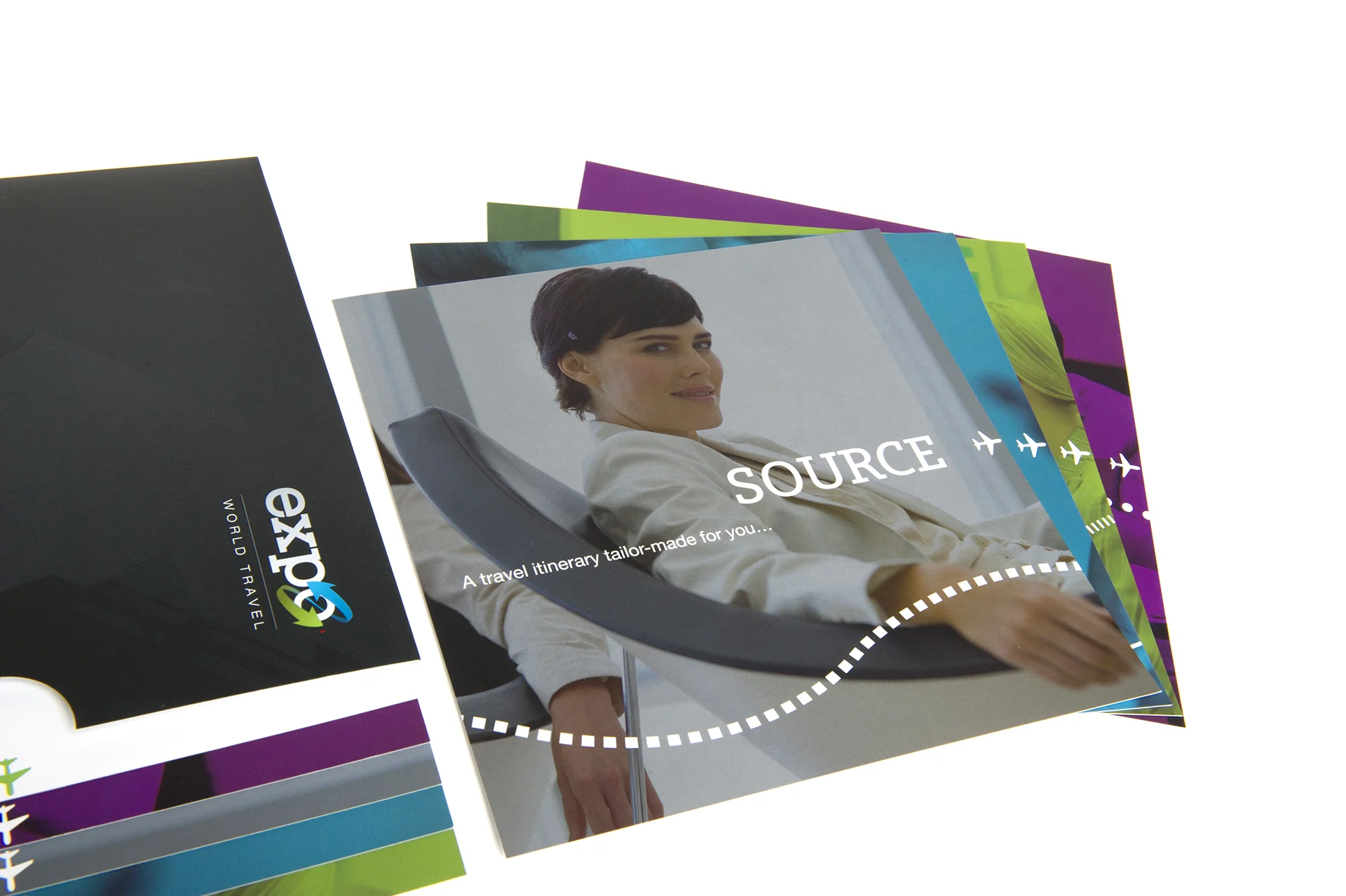 Brochure design for expo world travel: specialist provider of co-ordinated travel services for businesses attending exhibitions, trade fairs, conferences, meetings and incentives worldwide.