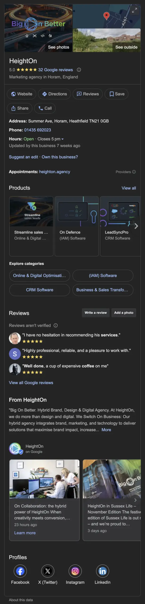 Google profile listing fully complete for heighton agency