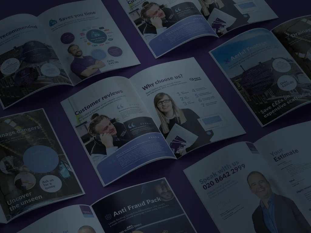 Customer sales information pack showing various page designs for lead clinching sales teams