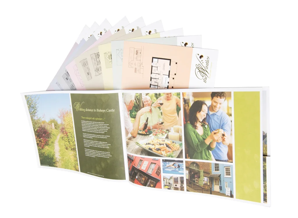 Eco property brochure design showing inside spread and plots for the wintles, shropshire