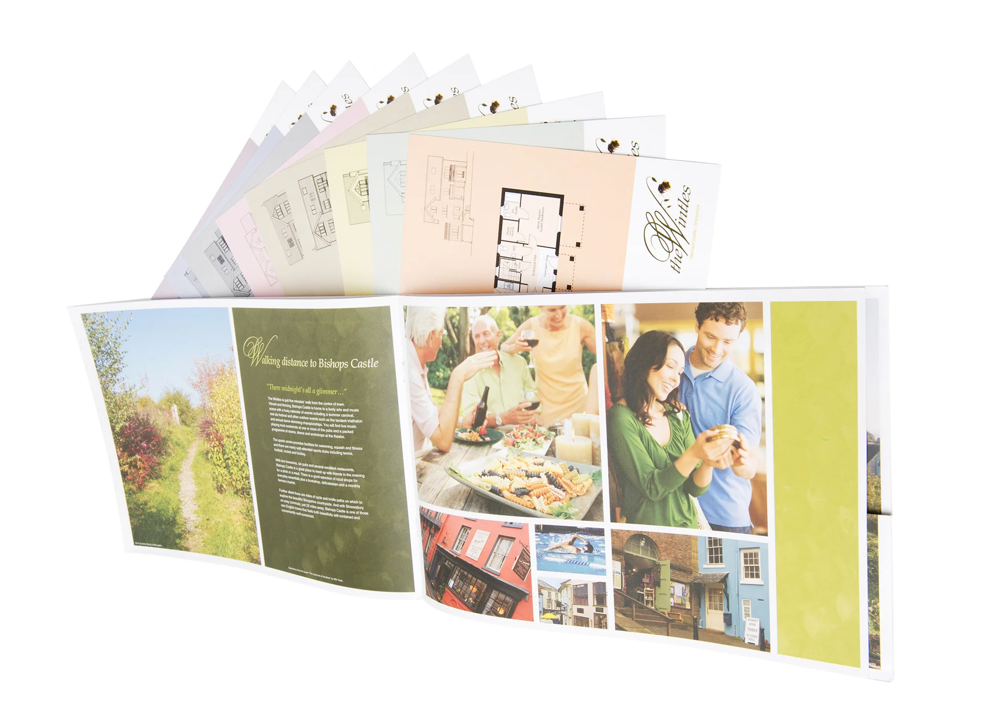 Eco property brochure design showing inside spread and plots for the wintles, shropshire