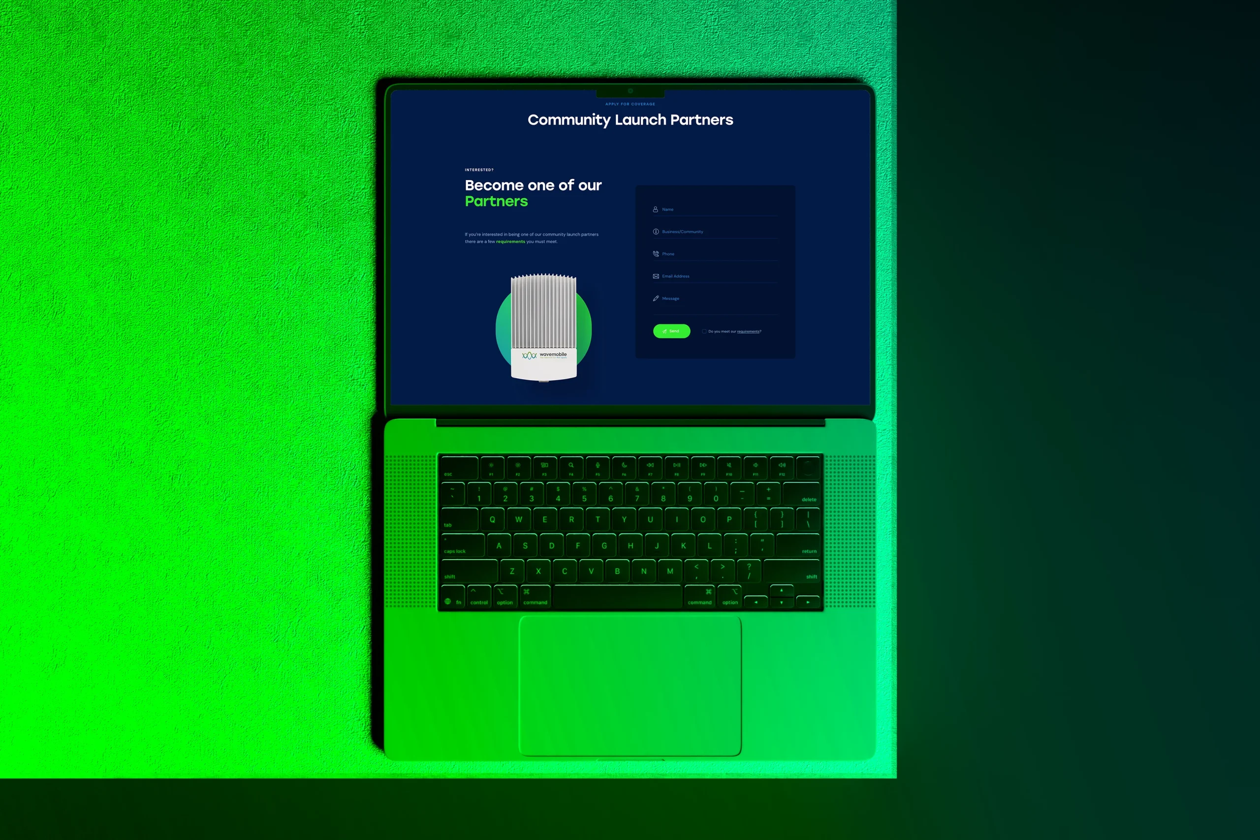 Wavemobile website "community launch partners" sign up page design