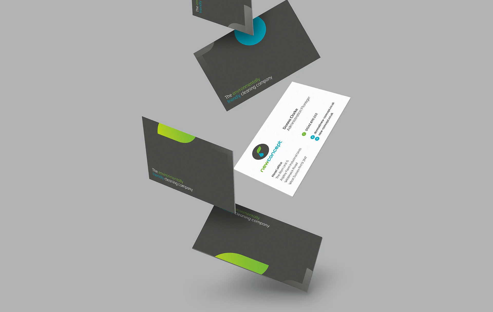 Branded business cards for new concept general cleaning incorporating a leaf and water droplet concept