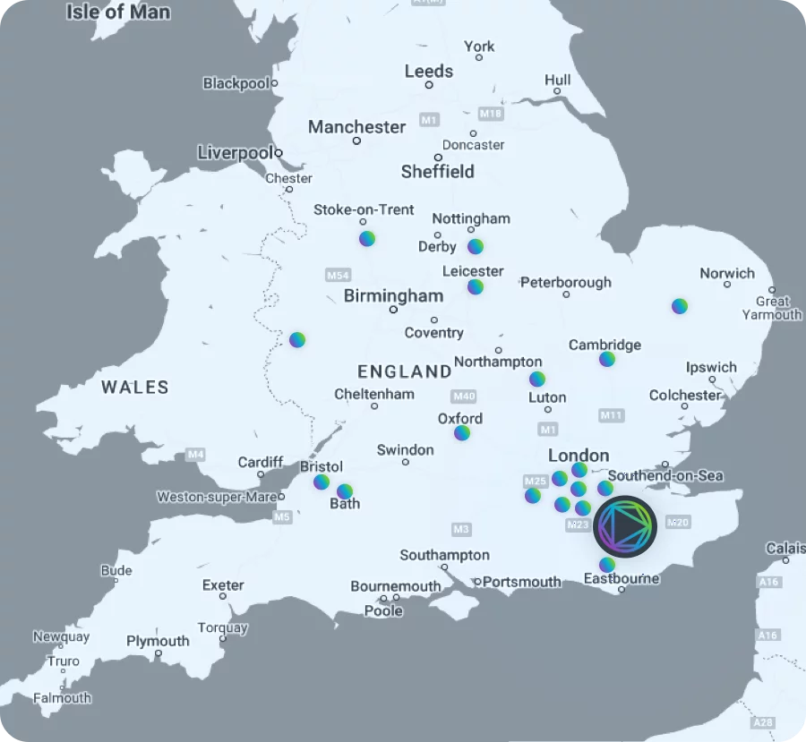 Uk website design clients location map with heighton's office in sussex highlighted