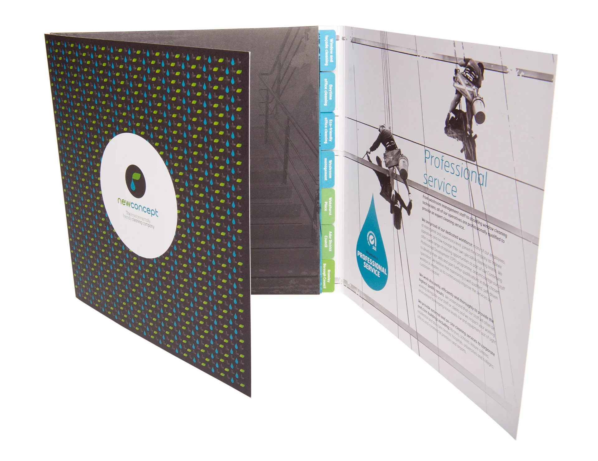 Bespoke sales brochure design for new concept general cleaning incorporating a leaf and water droplet concept