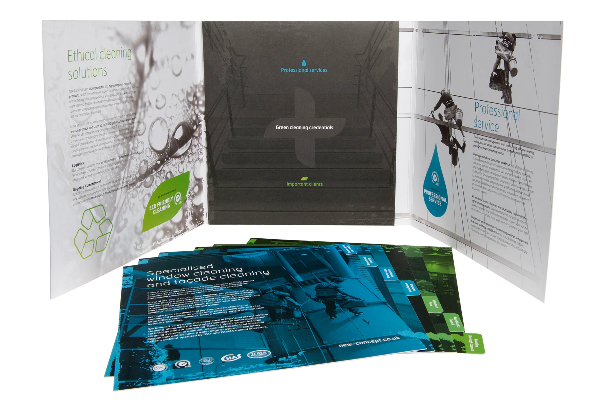 Bespoke slip-case with capacity pocket and inserts brochure design for new concept general cleaning incorporating a leaf and water droplet concept