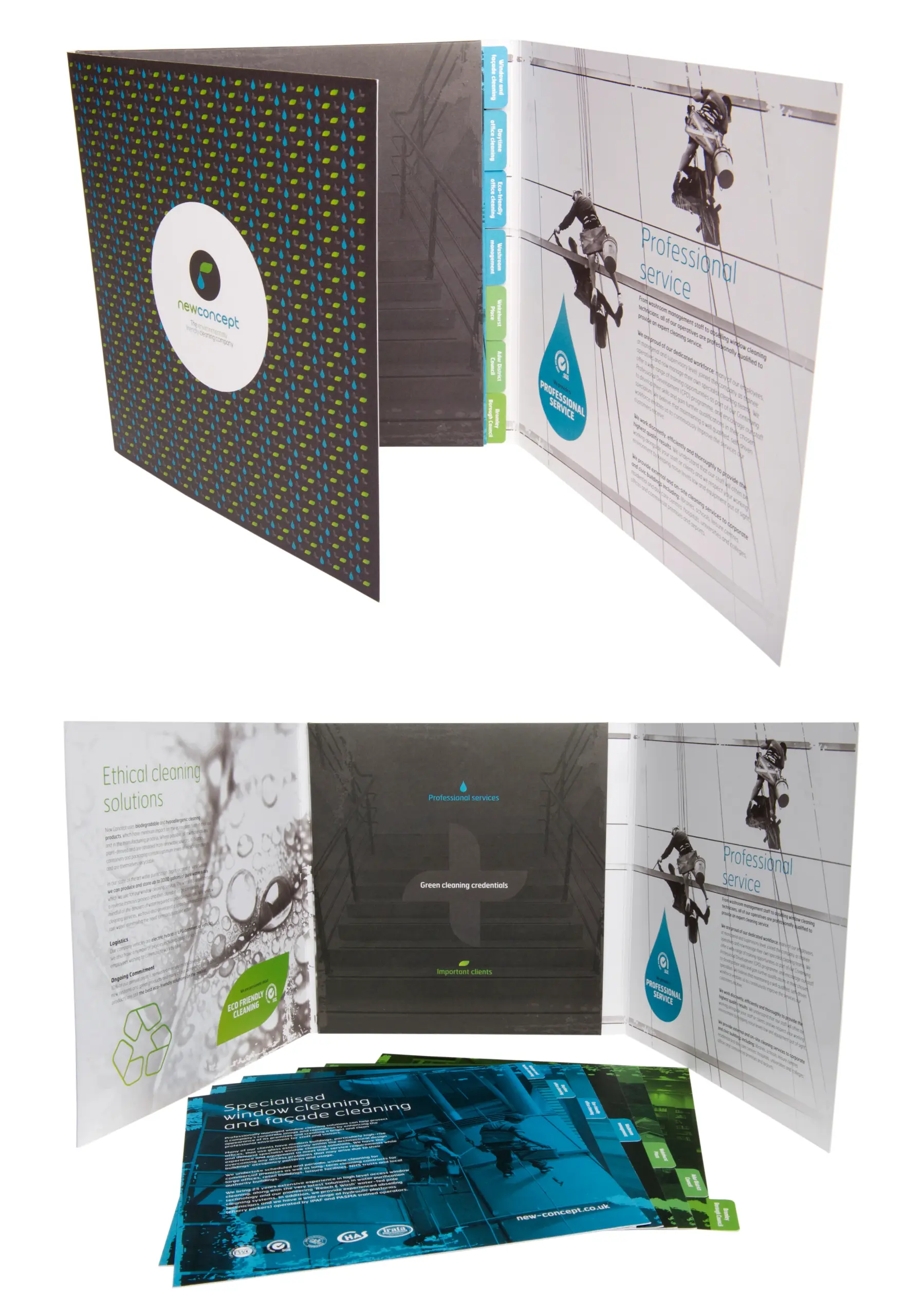 Bespoke sales brochure design for new concept general cleaning incorporating a leaf and water droplet concept