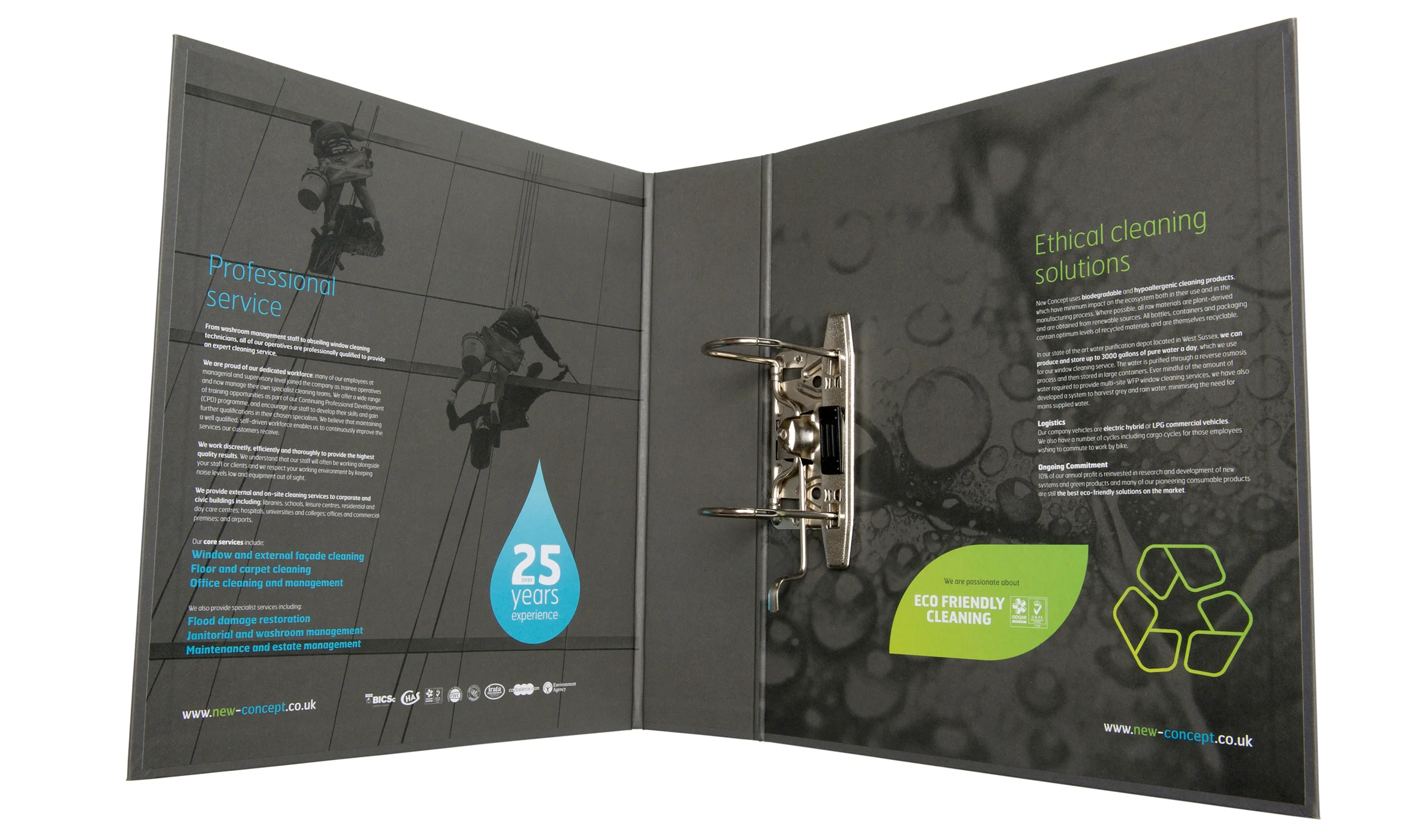 Bespoke tender pack folder design for new concept general cleaning incorporating a leaf and water droplet concept