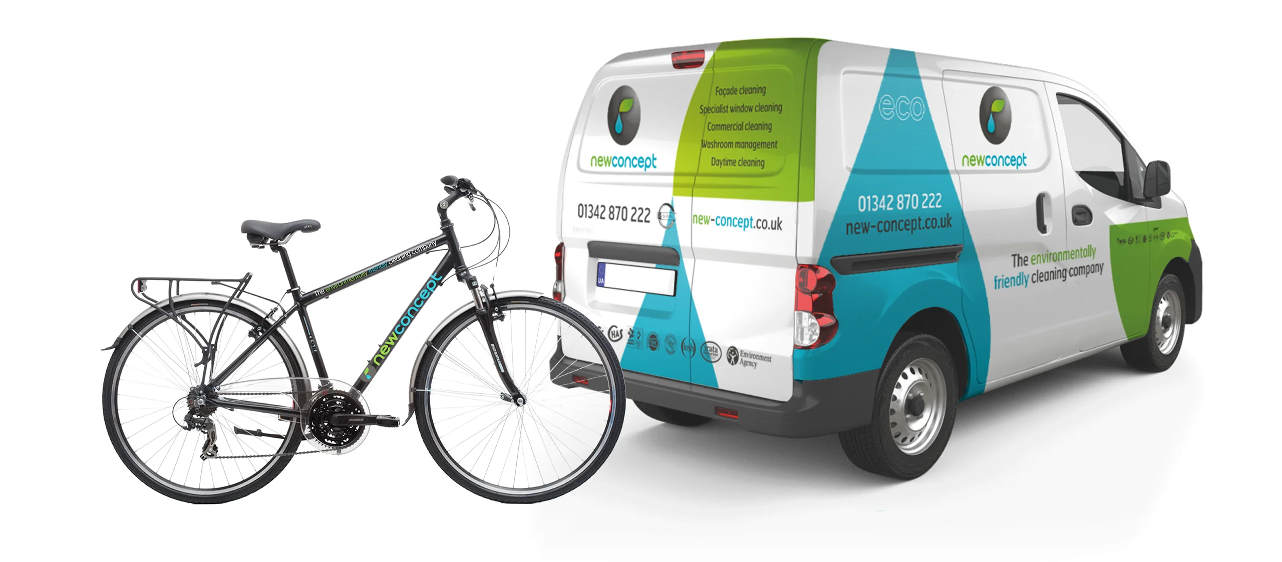 Van graphics design fir new concept general cleaning incorporating a leaf and water droplet concept