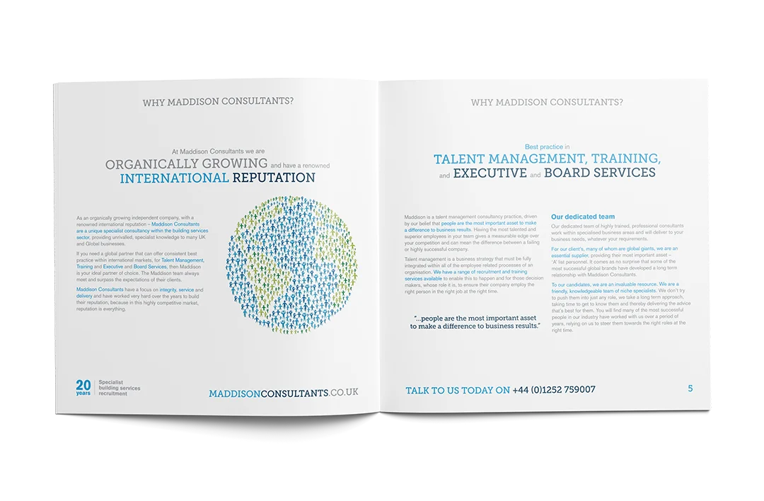 Recruitment brochure design for maddison consultants, based in bristol.